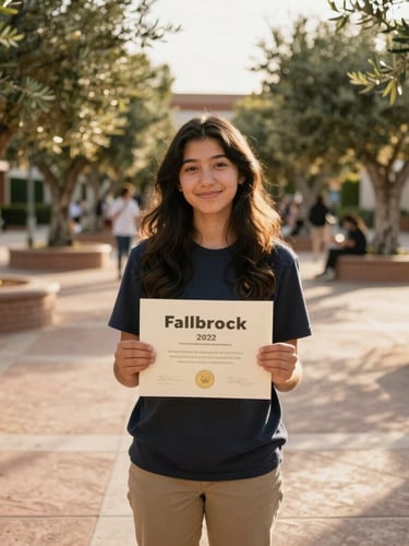 A warm environmental portrait of a young adult Fallbrook student holding an award certificate, standing in a sun-drenched outdoor plaza with olive trees, soft golden-hour sunlight, 35mm lens