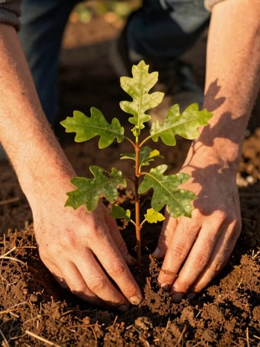 Close-up of hands planting a young oak sapling in warm soil, golden-hour sunlight highlighting the green leaves and rich earth, candid community work