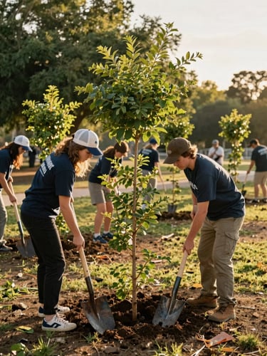 A warm golden-hour candid photo of Fallbrook volunteers planting native trees in a local park, shovels in hand, rich green foliage, 35mm lens