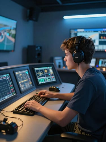 Primer plano medio de un estudiante en un moderno simulador marítimo, concentrado en un complejo panel de control, con iluminación ambiental fría azul y dorada, fotografía editorial nítida, 85mm.