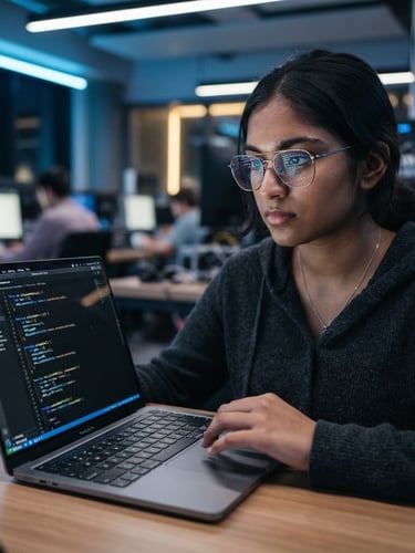 Close-up of a student programming on a laptop in a modern, cool-toned tech lab, code reflecting in their glasses, focused and determined expression, crisp editorial photography, blue and gold ambient accents, 85mm.