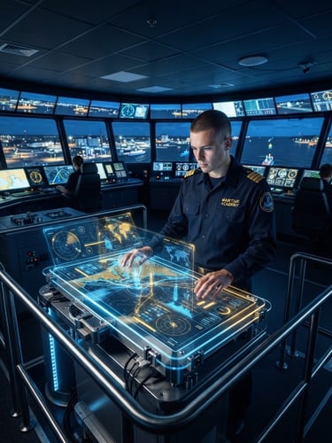 Vista panorámica amplia de un puente de mando de simulación marítima de alta tecnología, con un estudiante en uniforme de capitán interactuando con pantallas holográficas, iluminación de estudio fría con vibrantes acentos azules y dorados, fotografía editorial nítida, 85mm.