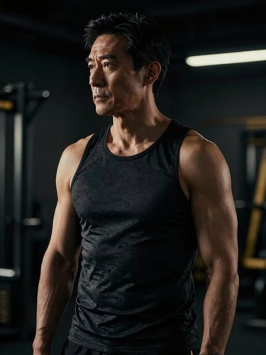 moody cinematic photography, dramatic low-key lighting, mature fit man in his 40s in a high-end athletic setting, side-lit, dark background, 35mm