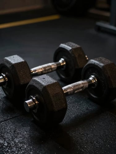 Dramatic low-key shot of premium dark dumbbells on a black floor, subtle gold light accents, moody atmosphere