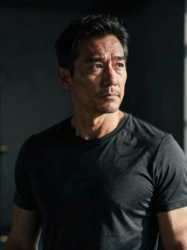 Moody cinematic photography of a mature man in his 40s with sharp focus, side-lit by dramatic window light, dark background, premium athletic setting, 35mm.