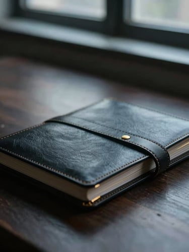 Cinematic close-up of a structured leather planner on a dark wooden desk, moody window light, shallow depth of field