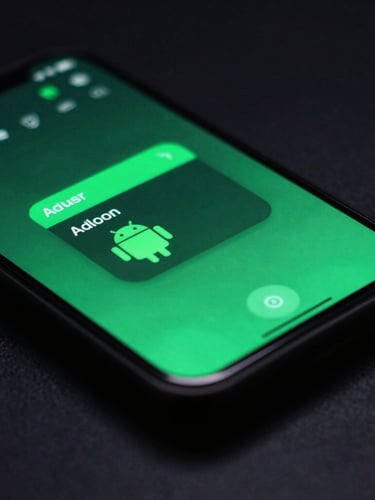 Macro shot of a high-fidelity Android application interface running on a physical test device, moody dark studio lighting with electric green glow, shallow depth of field