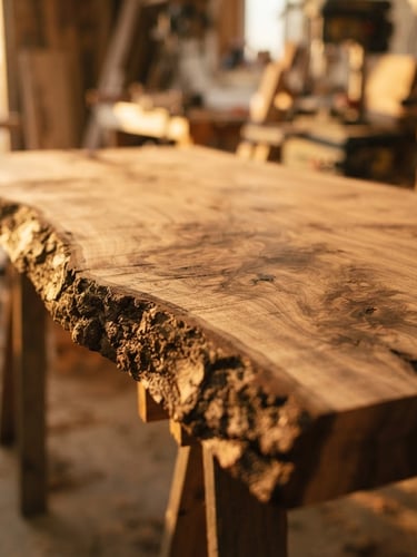 Warm editorial photography of a raw walnut slab showing natural grain and live edge, low-angle golden-hour sunlight, shallow depth of field, 35mm