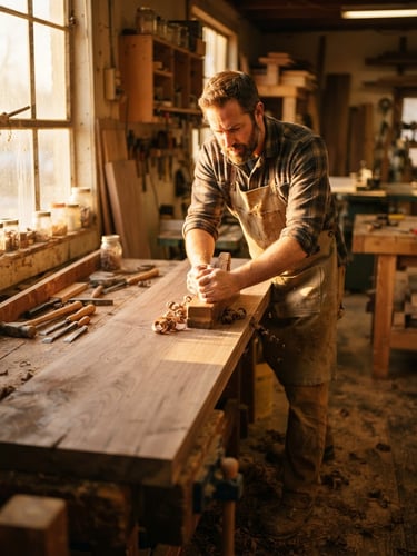 Warm editorial photography of a craftsman hand-planing a massive walnut timber slab in a sunlit workshop, low-angle golden-hour sunlight, rich natural wood tones, shallow depth of field, 35mm