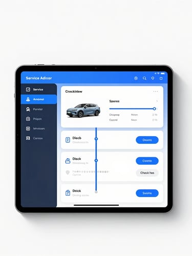 Direct flat-lay of a modern tablet displaying a service advisor dashboard with clean vehicle check-in paths and real-time shop data, bright studio lighting, cool blue accents.