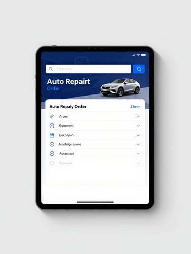 Flat-lay high-fidelity tablet UI mockup displaying an active auto repair order with digital vehicle inspection checklist, clean slate gray background, electric blue accent highlights