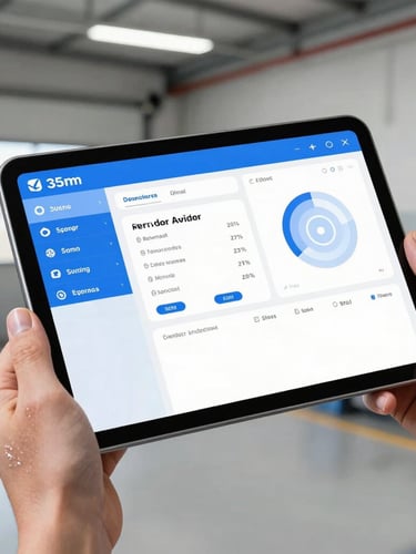 Close-up of a rugged tablet showing a service advisor dashboard, held by hands with faint grease marks in a clean modern garage bay, bright natural daylight, 35mm