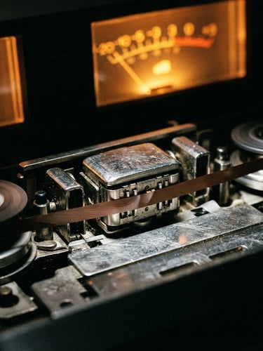 Extreme close-up of a vintage cassette deck tape head, magnetic tape running across the metal, glowing orange VU meters in the dark background, harsh high-contrast lighting, 35mm film grain.