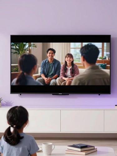 Bright, clean Indonesian home living room with subtle purple ambient light, a family streaming movies smoothly on a sleek wall-mounted TV, professional setup, daylight.