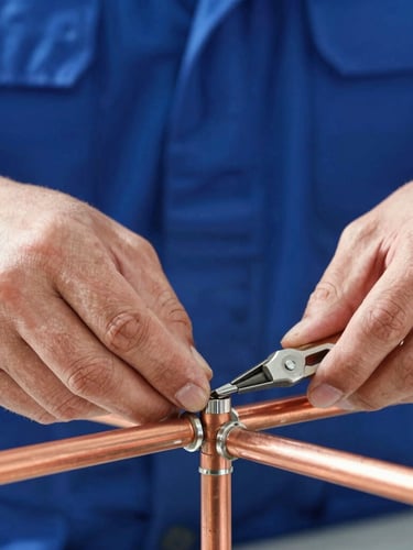 Close-up of a technician's hands working on copper pipes with precision tools, bright clean daylight.