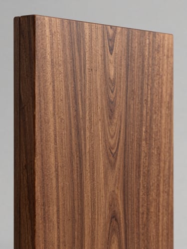 Macro close-up of a premium walnut wood plaque, clean-cut sharp edges, fine natural grain, cool diffused corporate studio lighting, grey background.