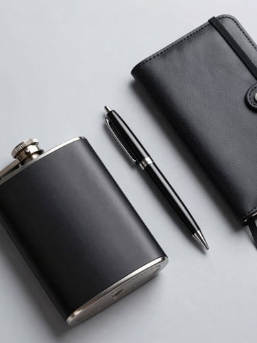 A clean flat-lay of premium corporate gift sets on a light grey background, featuring a matte black flask, a leather notebook, and a sleek pen, cool studio lighting, sharp focus.