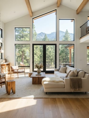 Bright sunlit modern mountain home living room with clean architectural lines, immaculate hardwood floors, large windows looking out to pine trees
