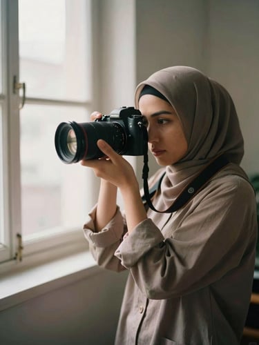 A professional Muslim woman photographer adjusting her camera lens in a sunlit studio, warm window light, muted tones, 35mm style