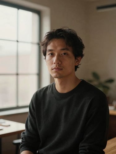 An editorial portrait of a modern creative professional in a warm, minimalist office space, soft window light, rich muted tones