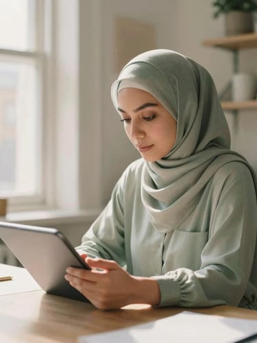 A professional Muslim woman in a creative, sunlit London design studio, working on a tablet, soft natural window light, muted sage and warm cream tones, shallow depth of field, 35mm film style