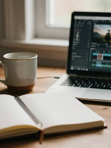 A creative workspace with a notebook, a ceramic mug, and a laptop showing content editing software, soft morning light, warm shadows