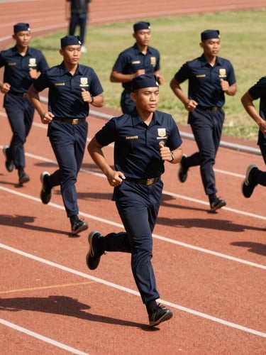 Medium action shot of Indonesian military academy candidates in navy training gear running on a track, high-contrast daylight, dramatic shadows, 35mm