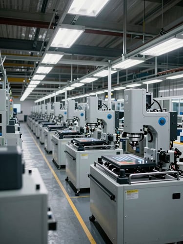 Wide industrial shot of an automotive LED assembly factory floor, rows of automated production machinery under even fluorescent light, deep perspective leading to far wall, metal-gray tones, no people