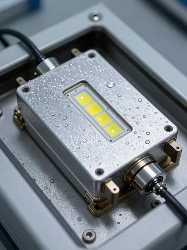 Close overhead view of an automotive LED module inside a salt-spray test chamber, metal corrosion test rig visible, harsh side-lighting revealing droplet residue on aluminum housing surfaces, industrial gray background, no people, sharp focus on component detail