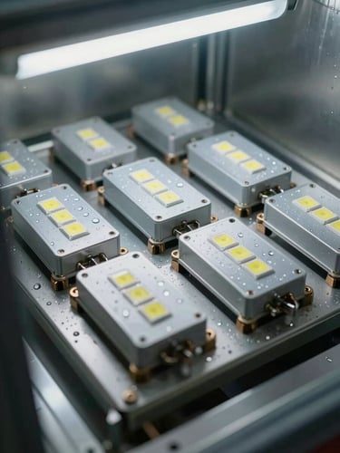 Close-up overhead shot of LED automotive modules arranged in a salt-spray test chamber, metal brackets and water droplets visible on component surfaces under even fluorescent light, industrial steel walls in background