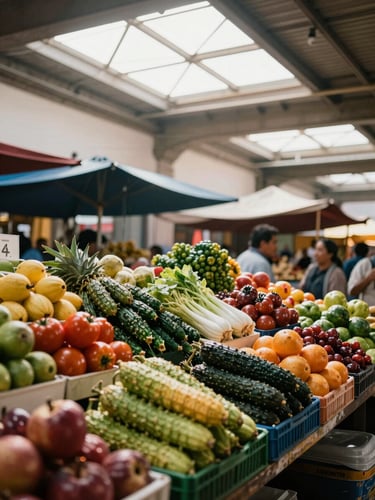 Warm editorial photography of a traditional CDMX public market stall with colorful produce, natural morning light filtering through the skylight, 35mm
