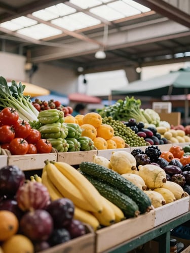 Medium environmental shot of a traditional CDMX public market stall, vibrant colorful produce arranged neatly, warm natural daylight filtering through skylight, 35mm