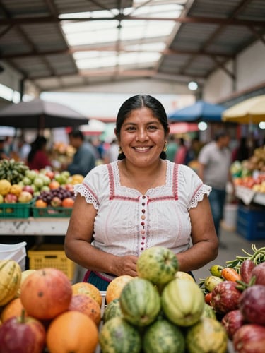Warm editorial portrait of a smiling Mexican market vendor in her colorful fruit stall, natural market skylight, warm tones, 35mm