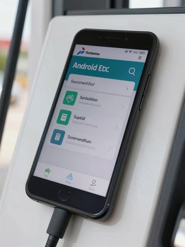 High-resolution close-up of a modern Android EDC terminal displaying a secure transaction interface at a Pertamina gas station, bright daylight, sharp focus on the tactile screen, clean branding.