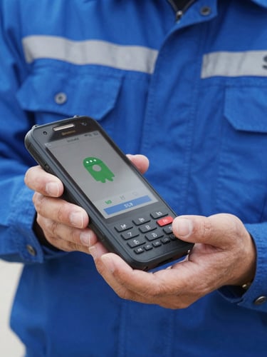 Close-up of a field engineer in a clean blue SUI uniform holding a modern Android EDC terminal, bright daylight, sharp focus on the secure transaction screen, professional setting.