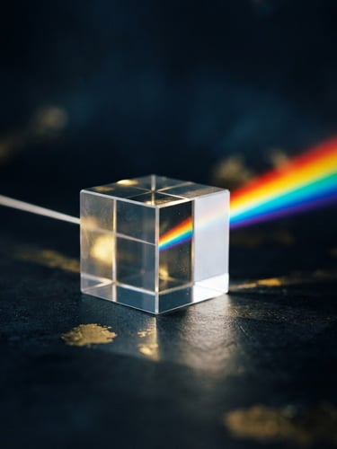 Macro photograph of a clean, minimalist glass prism splitting a single beam of light into a sharp spectrum, dark moody background, subtle gold reflections, 35mm lens