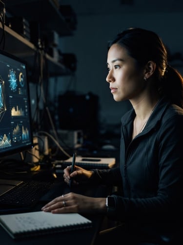 Low-key moody editorial portrait of a focused researcher analyzing geometric data patterns on a dark screen, subtle gold rim lighting, 35mm lens.