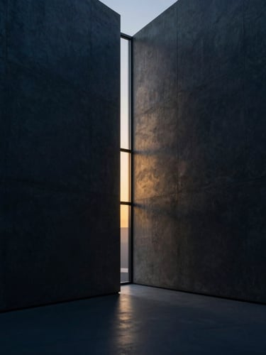Wide shot of a minimalist, modern research center with clean geometric lines, dark concrete walls, soft golden light spilling from a narrow window, cinematic atmosphere.