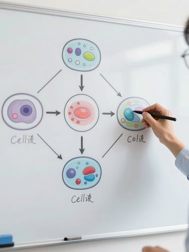 An instructor drawing a clean concept map of cell division on a pristine whiteboard, bright classroom lighting, crisp details, shallow depth of field.