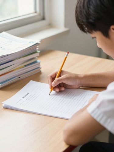 A focused high school student at a clean wooden desk, analyzing a mock test paper with a pencil, soft morning daylight filtering through a window, NCERT textbooks stacked neatly in the background, 35mm photography.