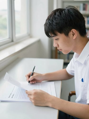 A focused high school student analyzing mock test papers in a brightly lit, clean library, soft natural daylight, 35mm photography