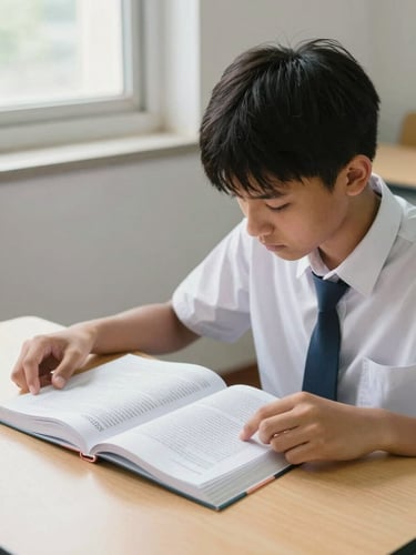 A focused high school student analyzing an open NCERT biology textbook on a clean wooden desk, bright natural daylight from a side window, crisp details, 35mm photography.