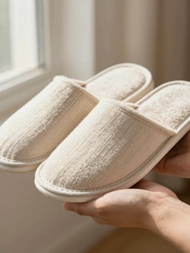Close-up of hands holding a pair of neatly folded light beige cotton slippers, showcasing the rich texture of the brushed fabric under soft morning window light