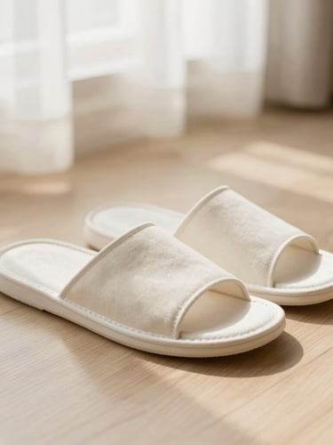Close-up of a pair of minimalist off-white cotton slippers resting on a clean light oak floor under soft morning window light