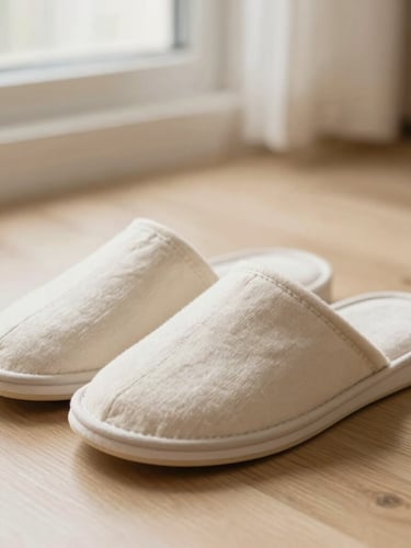 Close-up of premium brushed cotton slippers resting on a light oak floor under soft morning window light, shallow depth of field, warm beige tones.