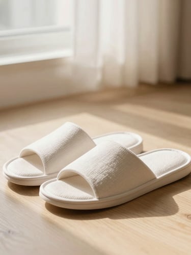 Slippers neatly folded by a bedside on a light oak floor, soft morning window light, warm shadows, minimalist beige aesthetic