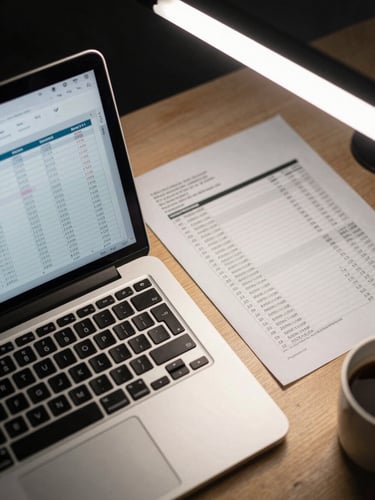 Close-up overhead view of a desk with an open laptop showing accounting ledger columns and monthly summary figures, a printed report beside it, overhead fluorescent office lighting, coffee cup at edge of frame