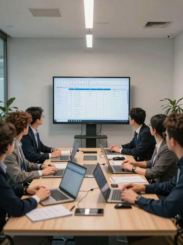 Wide shot of a client finance team gathered around a conference table, monitors showing ERP dashboard data mid-implementation review, overhead office lighting, no posed smiling, practical working environment