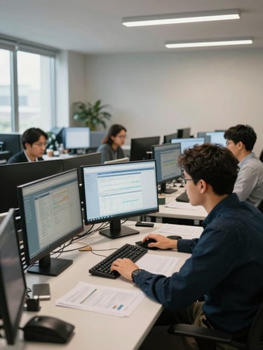 Wide shot of a corporate office finance team at desks, multiple monitors displaying ERP dashboard data mid-workflow, overhead fluorescent lighting, natural window light on the left side, keyboards and printed reports visible on desks, no posed subjects