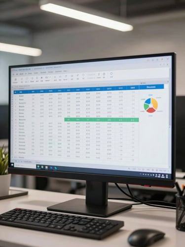 Wide monitor showing an accounting software dashboard mid-workflow, rows of financial data and charts visible on screen, overhead office fluorescent lighting, no people, clean desk surface, sharp and legible
